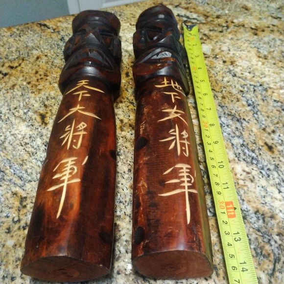 Vintage Korean Miniature Wooden Tiki Totem Pole Guardian Jangseung Figures 14" - Picture 7 of 9